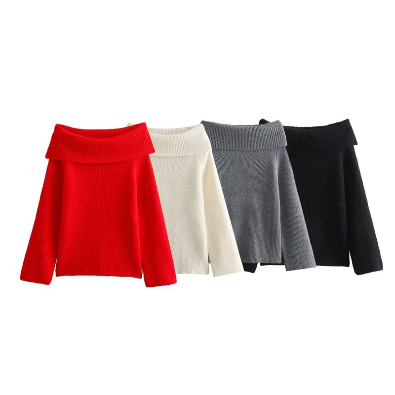 Off Shoulder Cropped Knitted Pullover Slash Neck Long Sleeve Female Sweater Autumn Lady Loose Jumpers Knit