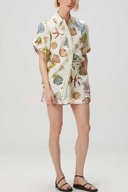 Beach Shell Print Short Sleeve Loose Shirt and Elastic Waist Tie Pocket Shorts Set