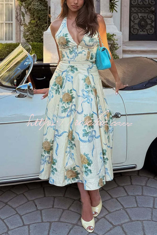 Resort Star Print Waist Halterneck Tie Pocket Midi Dress
