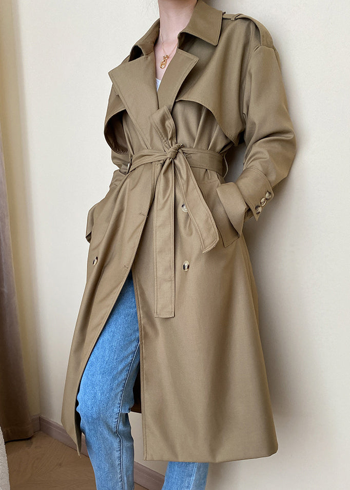 Loose Khaki Pockets Tie Waist Cotton Trench Coat Long Sleeve Af1093