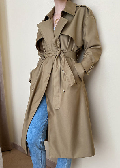 Loose Khaki Pockets Tie Waist Cotton Trench Coat Long Sleeve Af1093