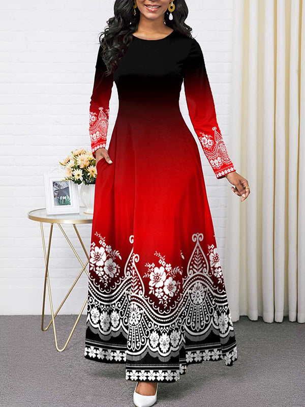 Long Sleeves Contrast Color Printed Round-neck Maxi Dresses