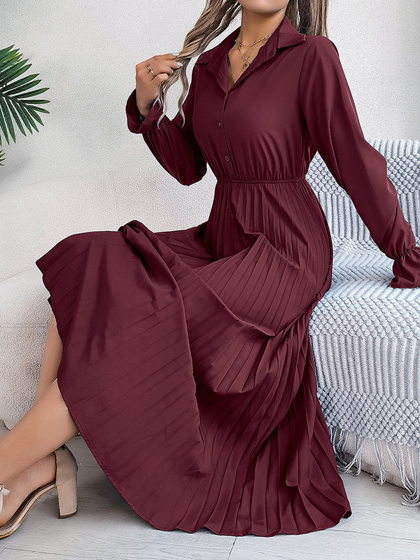 A-line Flared Sleeves Buttoned Elasticity Pleated Color Lapel Maxi Dresses