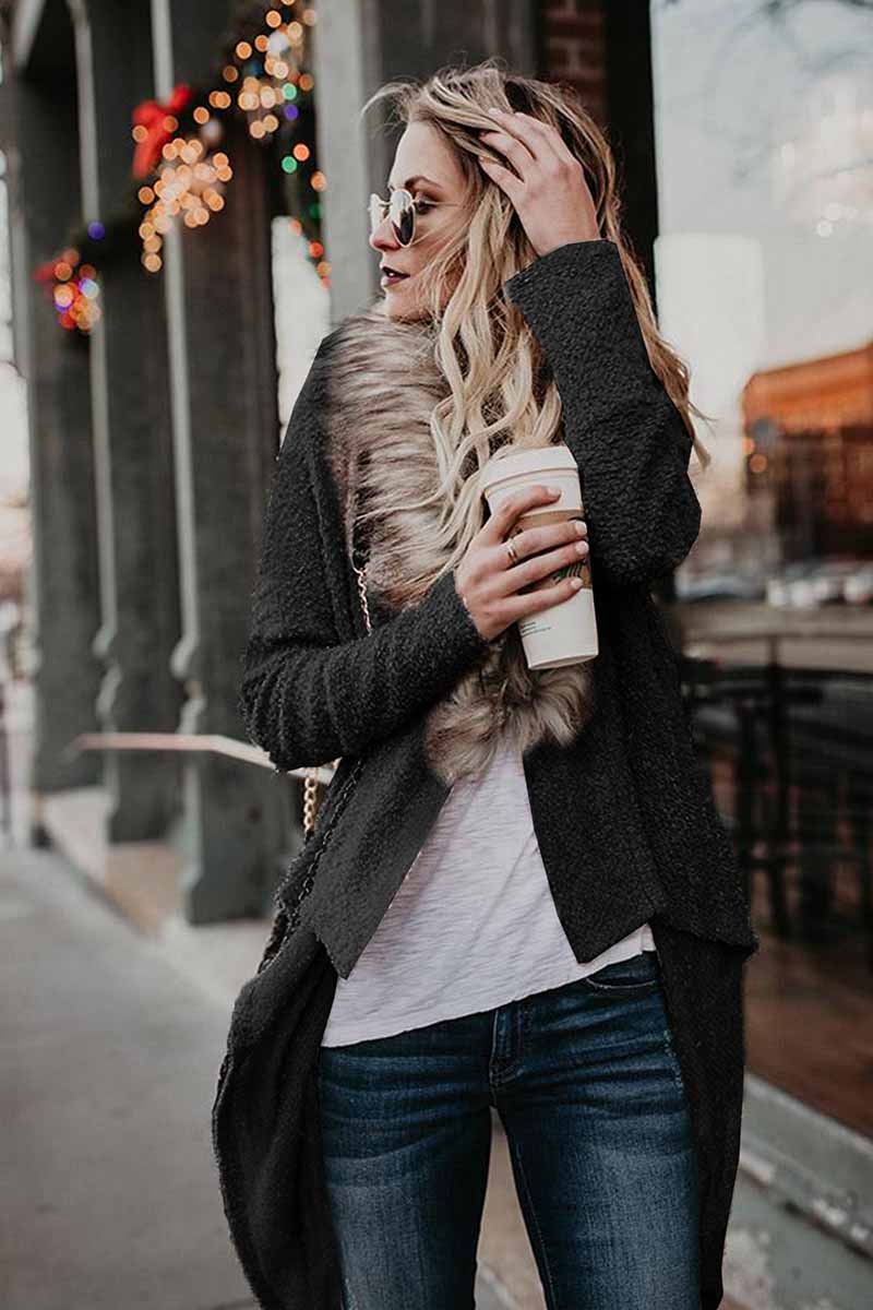 Fur Collar Cardigan Plush Trench Coat