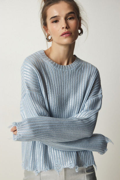 Simple Silver Foil Loose Slim Long Sleeve Sweater