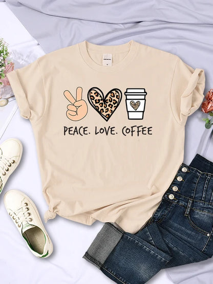 Peace Love Coffee Prints Tshirts Cotton T-shirts Brand Breathable Tees Shirts Street O-neck Tshirt for