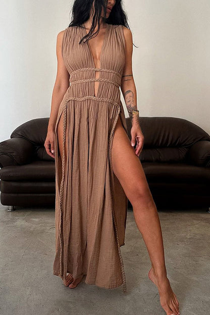 With Elegance Linen Blend Braids Belt Cutout Slit Kaftan Maxi Dress