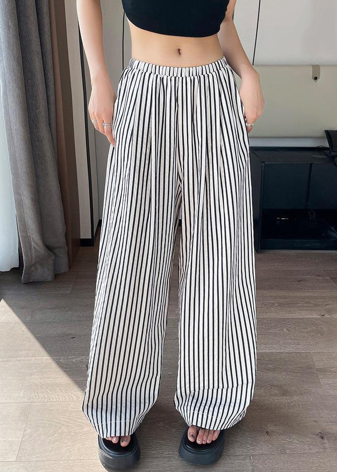 New White Striped Pockets High Waist Cotton Pants Summer Nn011