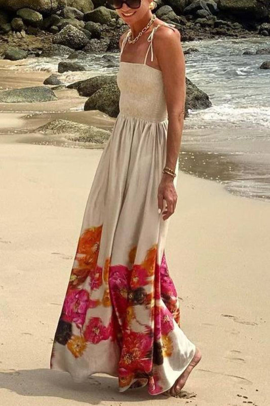 Hidden Garden Satin Print Smocked Tie-up Shoulder Maxi Dress