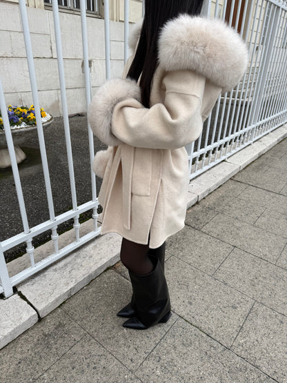 Cream Wool and Fur Coat With Hood