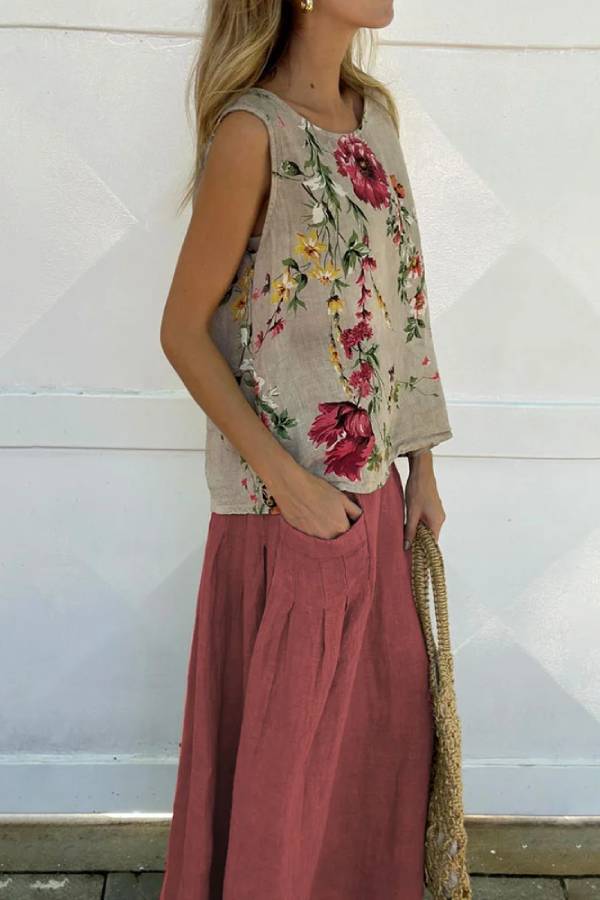 Printed Tank Top \u0026 Skirt Cotton Linen Two-piece Set
