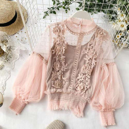 Grey Stand Collar Embroidery Flowers Sheer Lace Lantern Sleeve Blouse