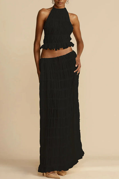 Versatility and Charm Pleated Drawstring Waist Tiered Maxi Skirt
