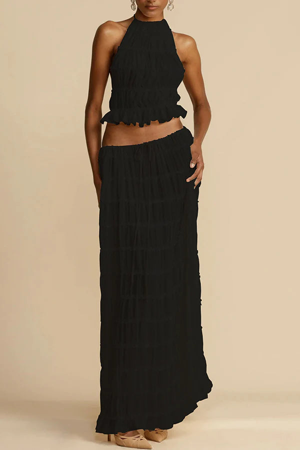 Versatility and Charm Pleated Drawstring Waist Tiered Maxi Skirt