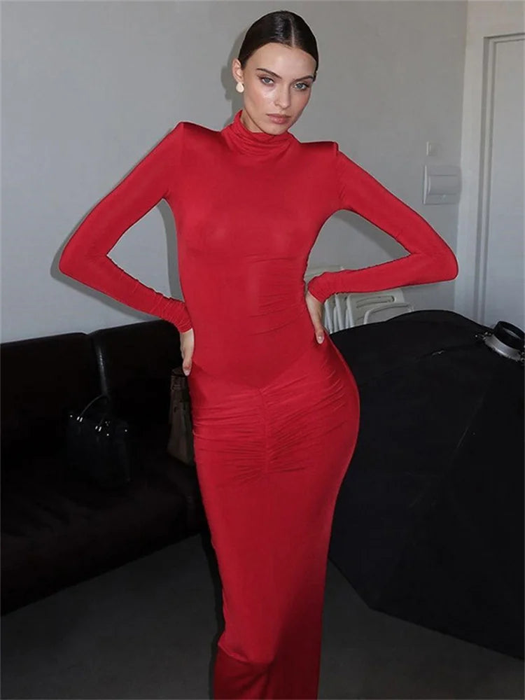 Autumn Turtleneck Skinny Long Dress ’s High Waist Long Sleeve Patchwork Party Dress Female Maxi Dress