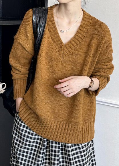 New Brown Hollow Out Cozy Cotton Knit Sweaters Long Sleeve Af1098