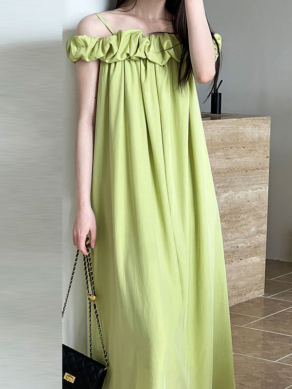Loose Sleeveless Elasticity Pleated Color Split-joint Off-the-shoulder Maxi Dresses