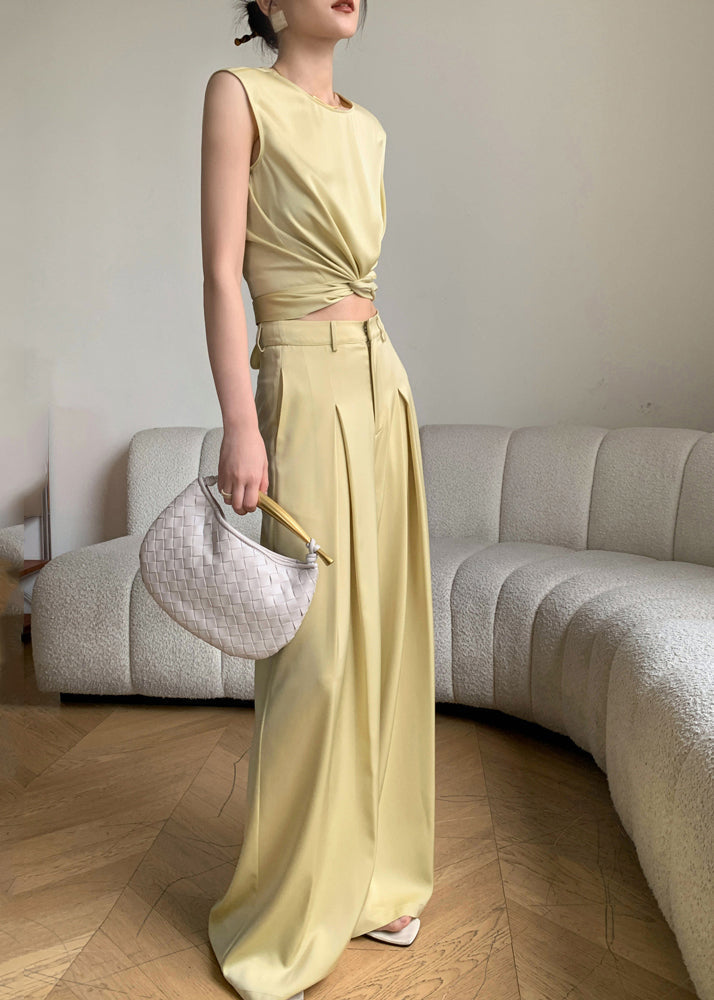 French Yellow O-neck Silk Top and Wide Leg Pants Two Pieces Set Sleeveless An1027