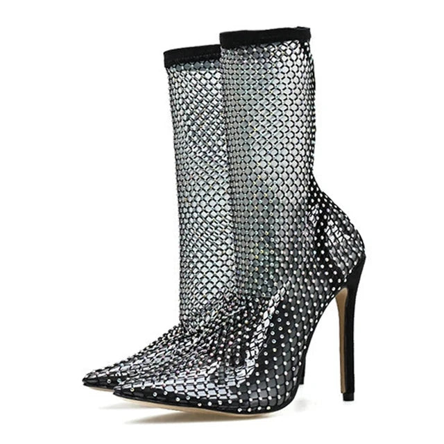 Liyke Yellow Green Mesh Ankle Boots Crystal Stretch Fabric Socks Shoes Party Nightclub Stripper Heels Pumps