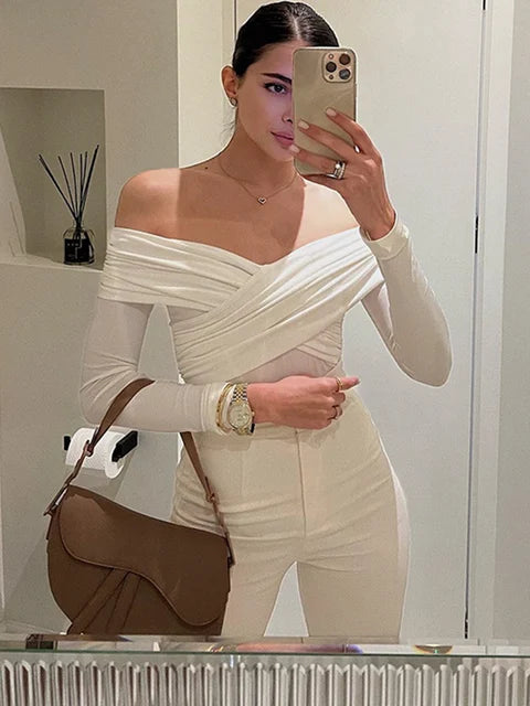 Wrinkled Cross Fitting Long Sleeves T-shirt Patchwork Pullover Top Female T-shirt Spring