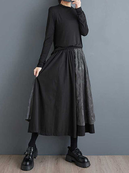 Black Loose High Waisted Pockets Patchwork Jacquard Texture Wide Leg Pants Culotte Ws002