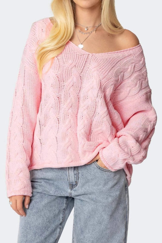 Color V-neck Cable-knit Loose Sweater