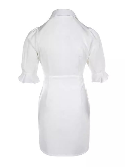 Puff Sleeves Short Sleeves Color Split-joint Lapel Mini Dresses Shirt Dress