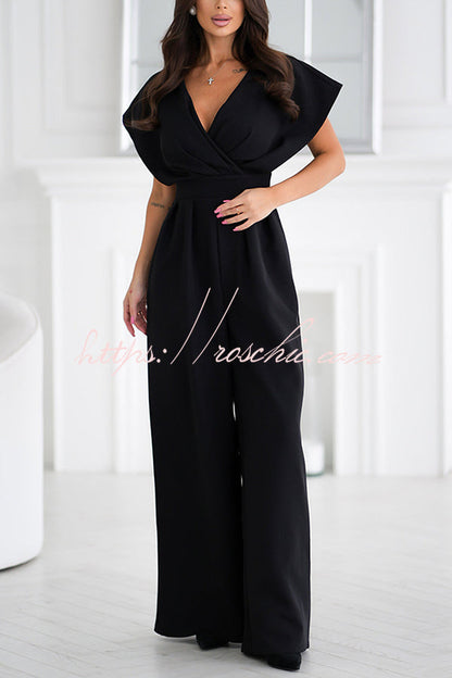 Color V-neck Waist Wide-leg Jumpsuit