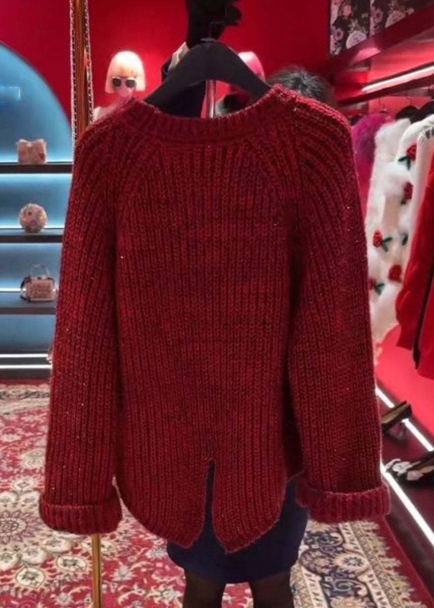 Stylish Red O-neck Nail Bead Thick Cotton Knit Sweater Tops Winter Wd037