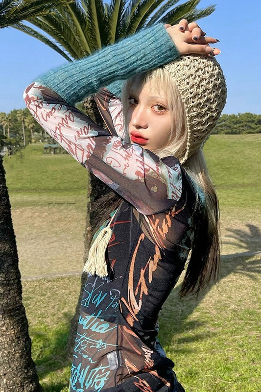 Printed Mesh-paneled Slim Long-sleeve Knit Blouse