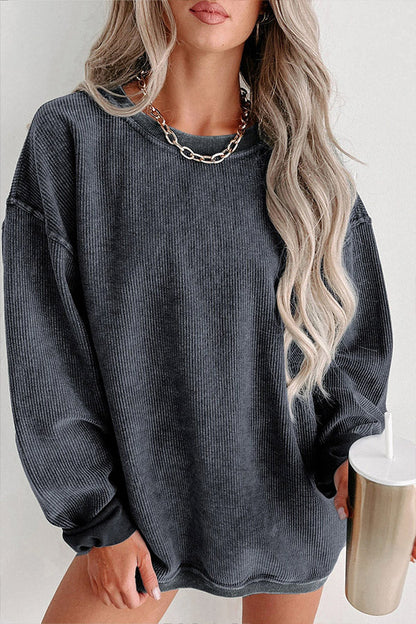 Ribbed Round Neck Pullover Sweatshirt