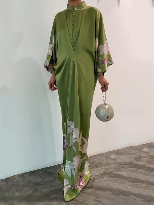 Batwing Sleeves Loose Printed Muslim Pleated Stand Collar Maxi Dresses