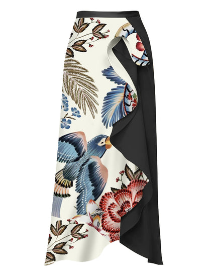 V Neck Ruffle Print Swimsuit and Skirt