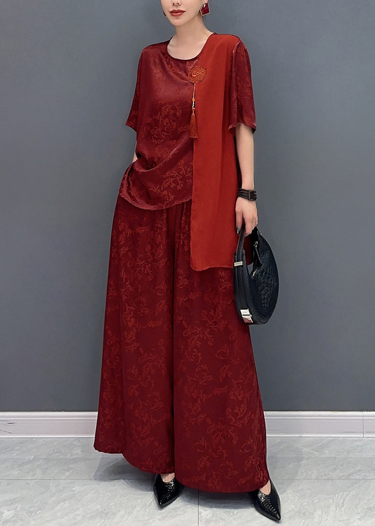 New Chinese Style Silk Jacquard Top and Wide Leg Pants Two Piece Set Ao1019