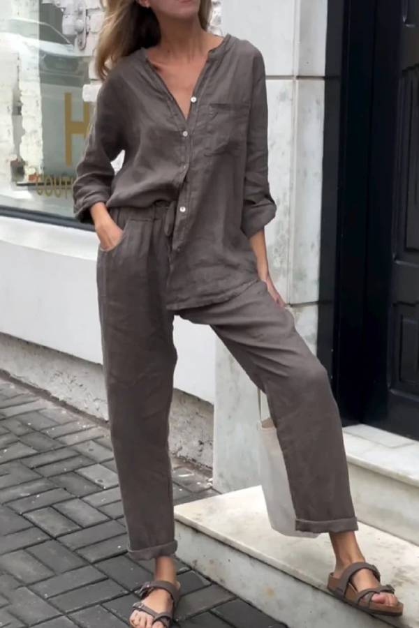 Color V-neck Shirt \u0026 Pants Cotton Linen Two-piece Set