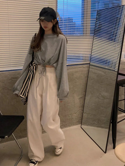 Long Sleeve T-shirts Crop Top Soft Daily Loose Slouchy Drawstring Hem O-neck Basic Femme Tees