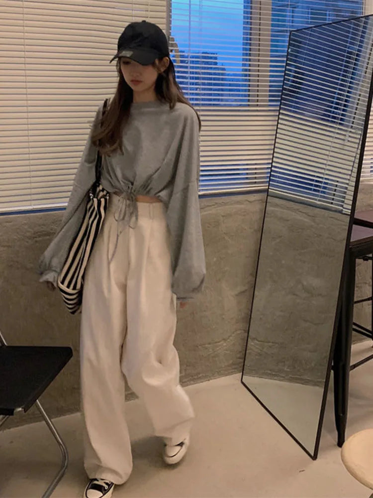 Long Sleeve T-shirts Crop Top Soft Daily Loose Slouchy Drawstring Hem O-neck Basic Femme Tees