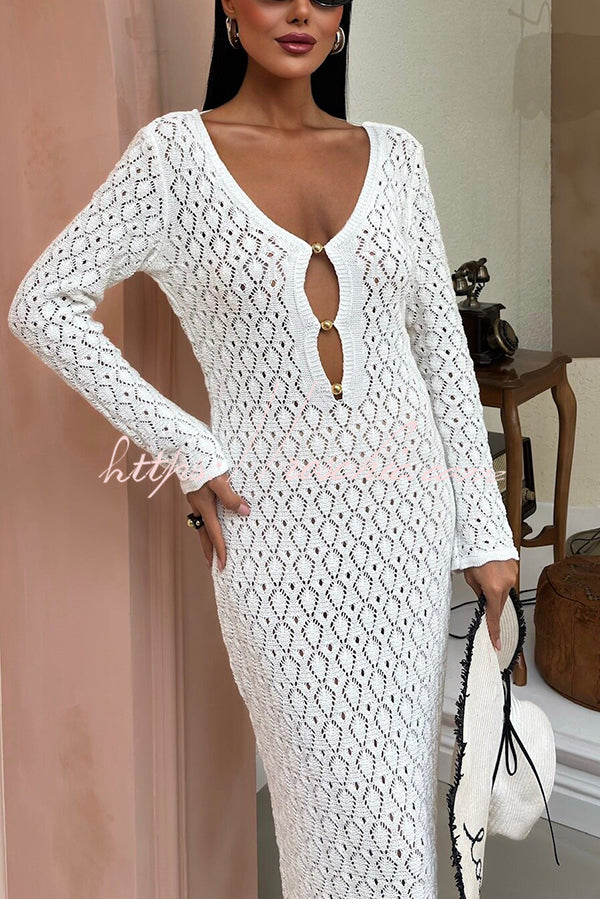 V-neck Long-sleeved Hollow Slim Maxi Dress