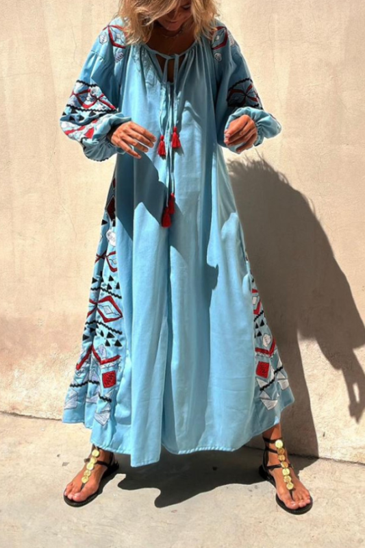 Blue V-neck Tie Style Retro Print Long Skirt