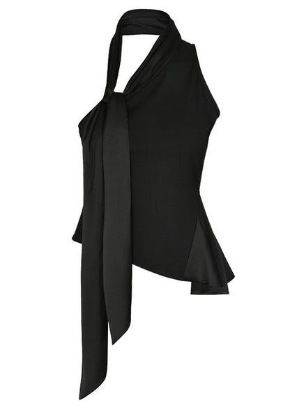 Stylish Black One Shoulder Bow Patchwork Cotton Blouse Tops Sleeveless Ee002