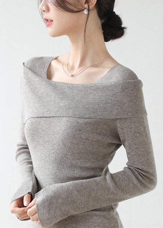 French Grey Slash Neck Patchwork Slim Fit Knit Sweaters Winter Rv031