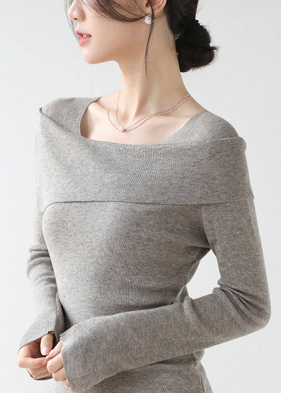 French Grey Slash Neck Patchwork Slim Fit Knit Sweaters Winter Rv031
