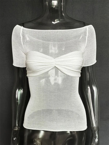 Short Sleeve Mesh Top Shirt for Off-shoulder See-through Knit Pullover Summer Sheer New T-shirt