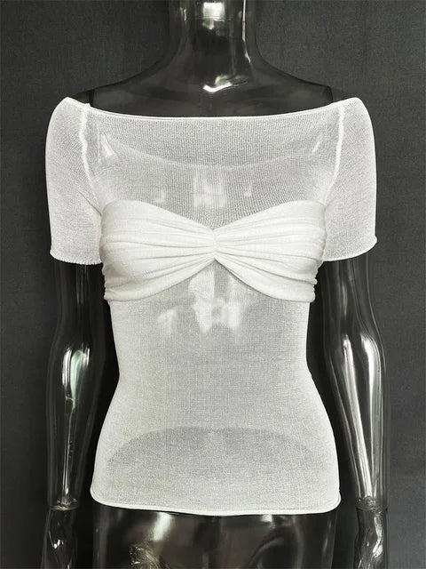 Short Sleeve Mesh Top Shirt for Off-shoulder See-through Knit Pullover Summer Sheer New T-shirt