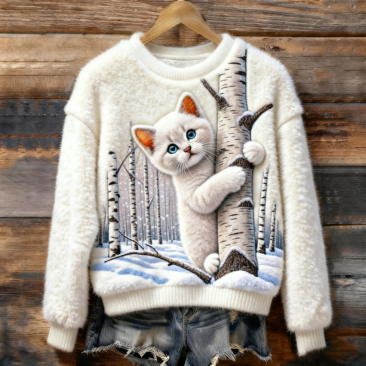 Christmas Cat Art Women's Cozy Plush Sweater elevenforest