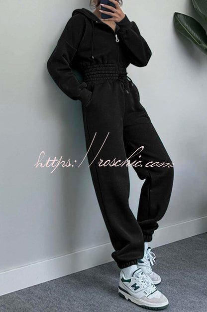 Hooded Zip Up Waist Sweatshirt and Elastic Waist Lace Up Pants Set