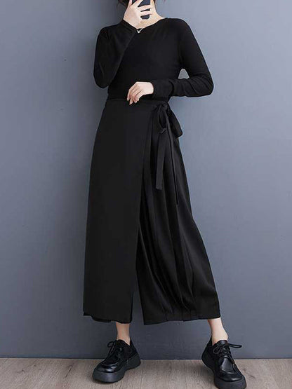 Stylish Black Elasticity High Waisted Asymmetric Tied Patchwork Pleated Ninth Pants Ws015