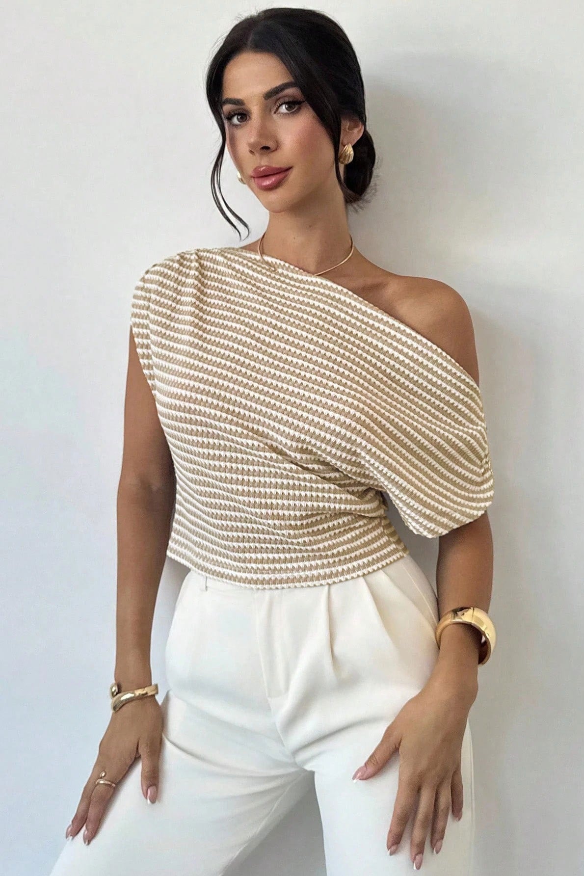 Cold Shoulder Stripe Short Sleeve Knit Blouse