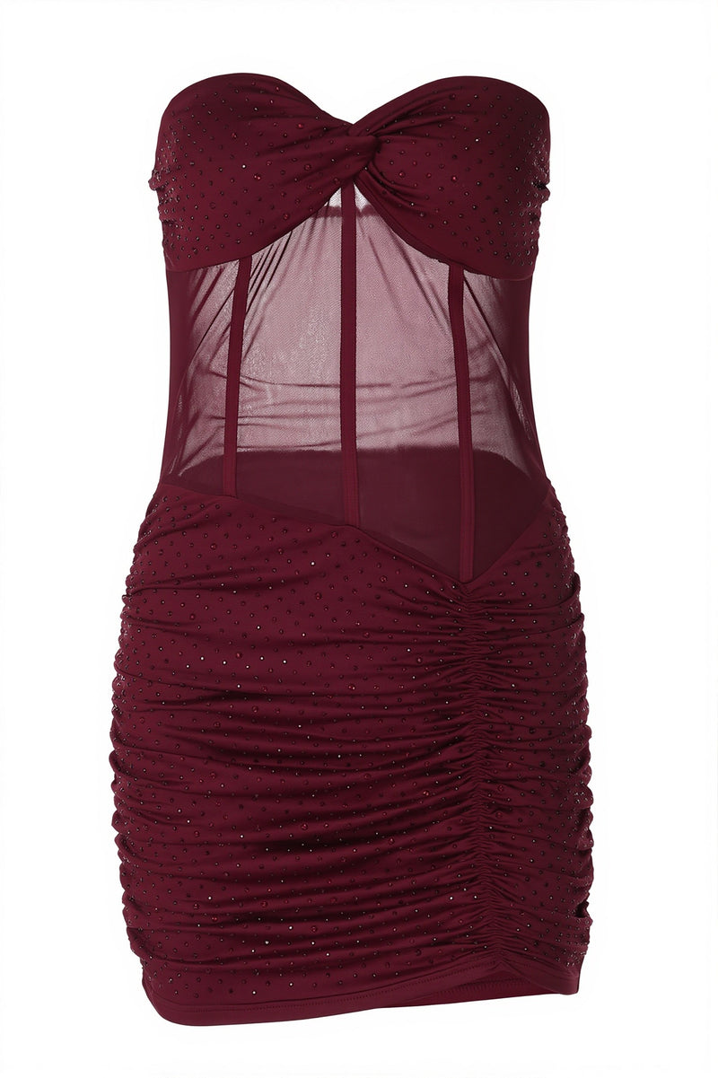 Rhinestone Lace Up Mesh Cut Out Bodycon Mini Dress