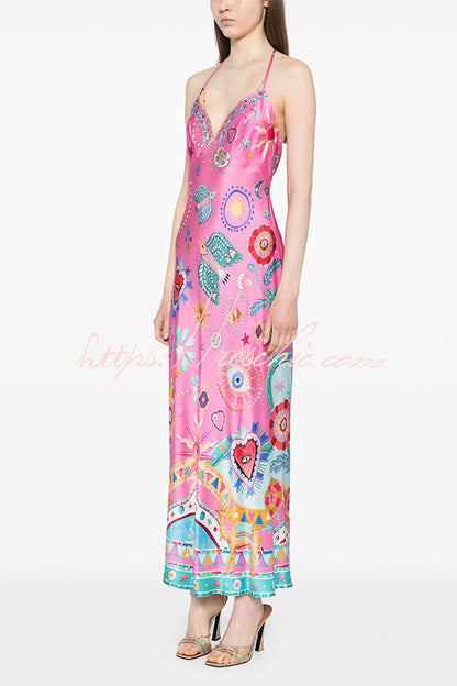 Effortless Satin Unique Print Back Chain Detail Slip Maxi Dress